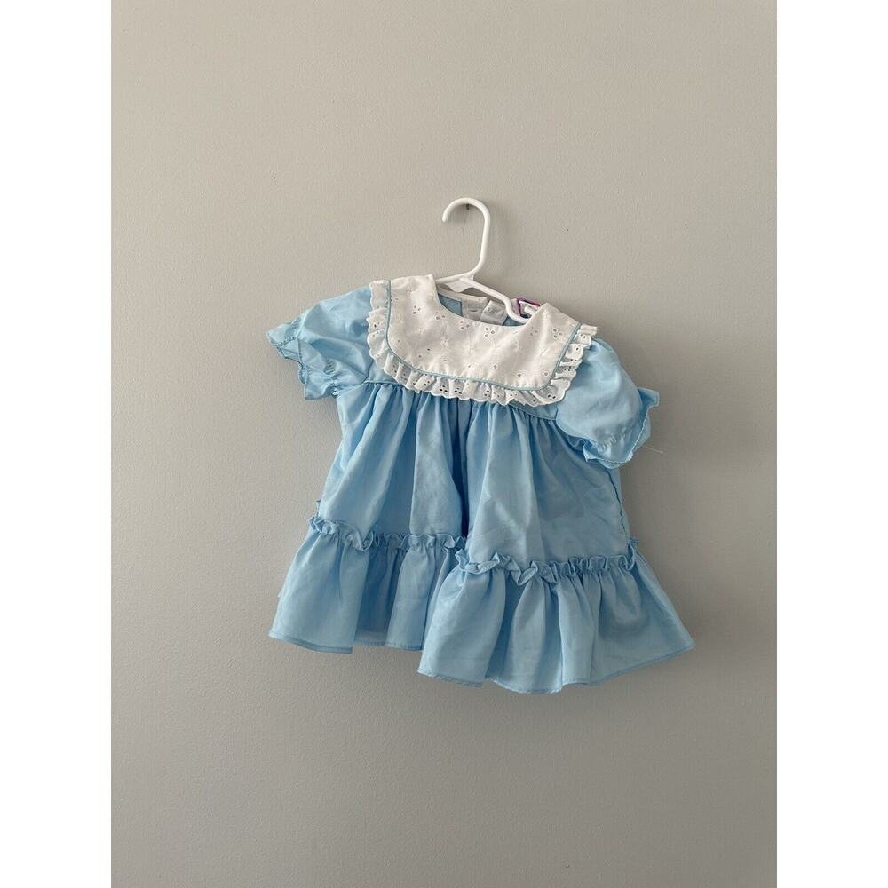 MARTHAS MINIATURES WERE FUSSY DRESS 9-12 MONTHS Blue White Full Circle